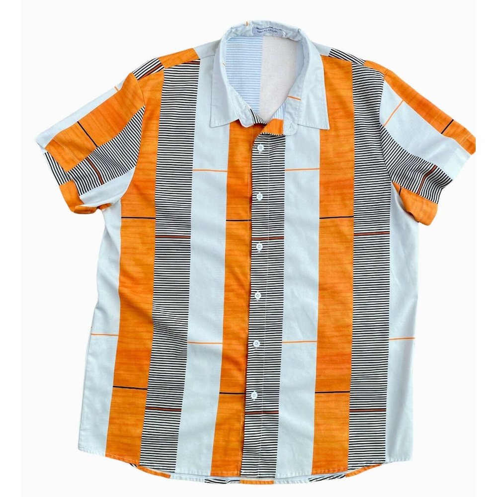 Miss Look Mens S/S Orange White Black Strip Button Up Shirt Beach Casual 2XL XXL
